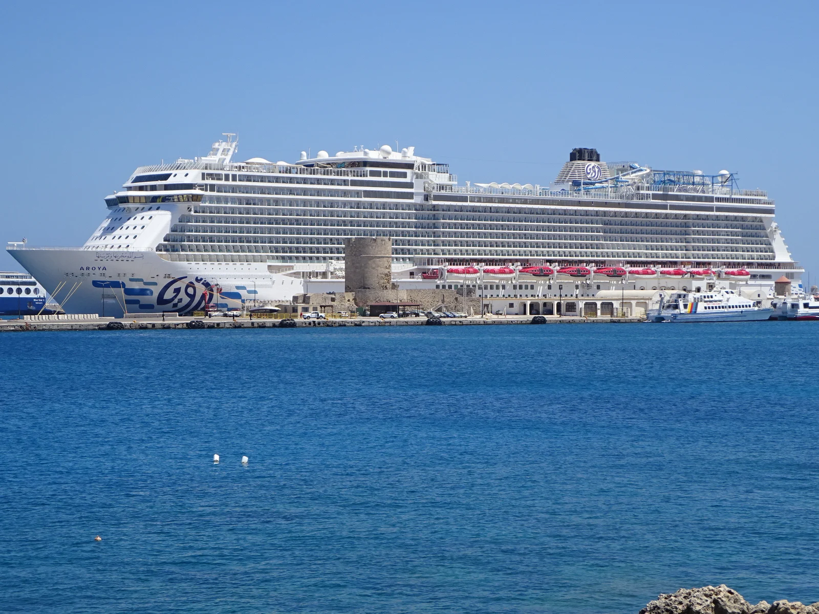 AROYA moored at Rhodes in July 2025; this real ship photo does not document the advertised itinerary
