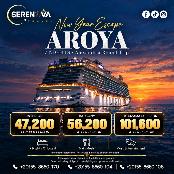 Serenova Travel promotional poster: New Year on AROYA. Details also available as page text.