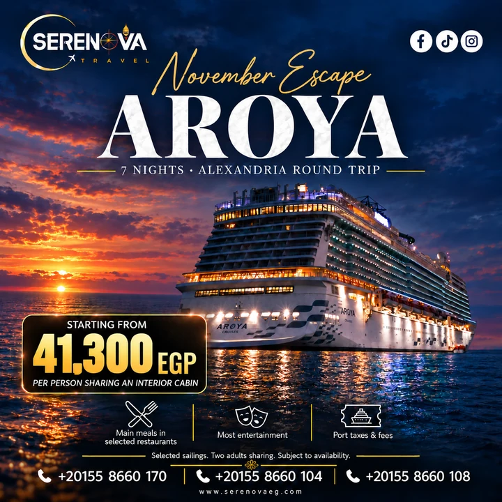 Serenova Travel promotional poster: November 2026. Details also available as page text.